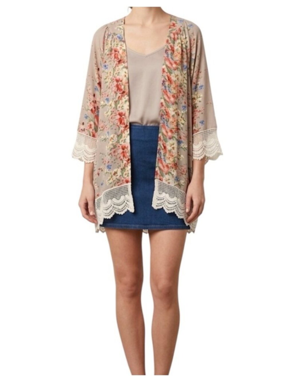 Umgee Taupe Floral Print Cottagecore Boho Crochet Trim Open Kimono Size S/M